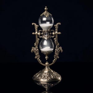 May include: An antique hourglass with a bronze-colored metal frame and clear glass bulbs. The hourglass is filled with white sand. The frame features ornate floral and scrollwork designs. The base is round and also has a floral design.