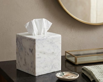 White Marble Tissue Box Cover Square Holder, Minimal Bathroom Decor, Stone Tissue Dispenser, Living Room Home Accent