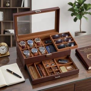 Mens Jewelry Box Lockable 6 Slot Watch Case 3 Sunglasses Organizer 2 Layer Watch Display Storage Box Gift for Him Brown