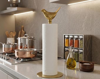 Gold Paper Towel Holder with Bird Accent, Brass Countertop Paper Towel Stand, Minimal Kitchen Decor, Elegant Living Room Home Decor