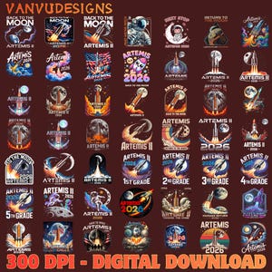 Imagen PNG de la misión lunar Artemis II, diseño retro de lanzamiento espacial (descarga digital)