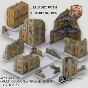 May include: A collection of modular gothic ruin building components for tabletop gaming, featuring tan and light green plastic walls with arched windows, circular rose window details, and blue floor tiles, labeled HALF SET WITH 3-STORY SHOWN.