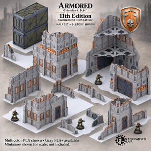 May include: A set of gray and copper-colored plastic modular terrain pieces for tabletop gaming, including building walls, a multi-story structure, and two stacked green cargo containers. The set features text reading ARMORED Grimdark Sci-fi.