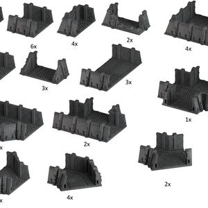 May include: A collection of dark gray miniature terrain pieces, including walls, platforms, and structures, with varying quantities labeled. These pieces are designed for tabletop gaming or model building.