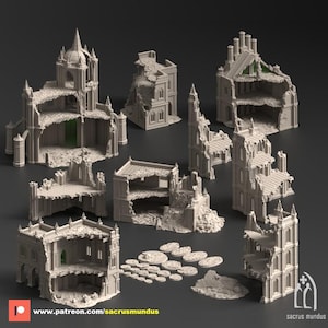 May include: A collection of miniature, weathered, beige-colored building models, showcasing various states of disrepair. The models include churches and other architectural structures, with visible interior details and damage. The image includes the text "www.patreon.com/sacrusmundus".