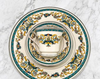 Lenox Fair Lady Vintage China Set - Teacups, Saucers, & Dinner Plates - Blue Gold Bone China