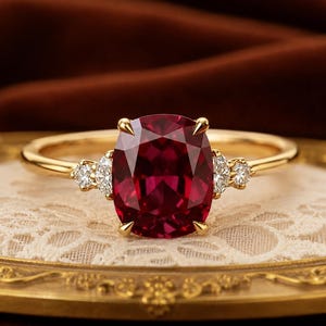 May include: A gold ring featuring a large, cushion-cut deep red gemstone at the centre, secured by four prongs. The band is accented on each side by two small, round, clear white stones set in a delicate, symmetrical arrangement along the gold shank.