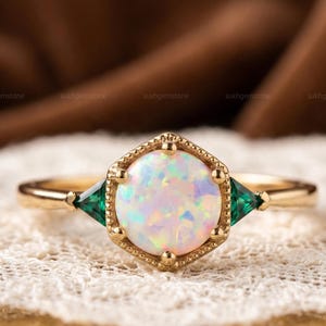 Natural Opal Ring in 925 Sterling Silver, Vintage Hexagon Ethiopian Opal Engagement Ring, Green Emerald Accents, Art Deco Jewelry for Her