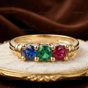 Anillo Royal Trio en plata de ley 925, anillo familiar de tres piedras, banda con múltiples gemas rojas, verdes y azules, elegante regalo de aniversario para ella, oro.