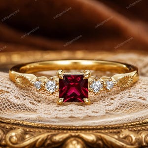 Ruby Ring 925 Sterling Silver, Princess Cut Ruby Ring, Vintage Inspired Silver Ring, July Birthstone Ring, Promise Ring, Gift for Wife