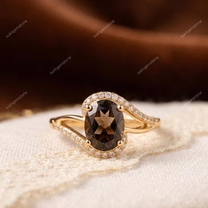 Oval Rauchquarz Ring aus 925 Sterling Silber, Vintage bypass Halo Ring, Brauner Edelstein Statement Schmuck, Einzigartiges Jahrestagsgeschenk für Sie