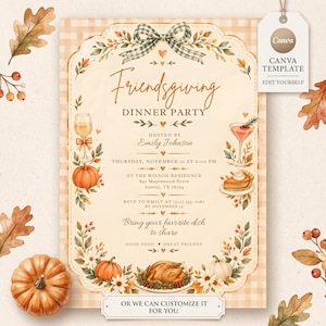 Op de afbeelding: Een Friendsgiving-dinerfeest uitnodigingssjabloon met een beige ruitjesachtergrond, aquarelillustraties van pompoenen, herfstbladeren, een gebraden kalkoen en drankjes. De tekst bevat evenementdetails, een hostnaam en een Canva-label.