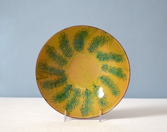 Vintage Mid Century Enamel on Copper Bowl - Green Leaves