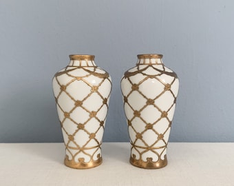 Two Antique Metzler und Ortloff Porcelain Bud Vases with Gold Overlay latticework - Made in Germany