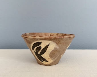 Vintage Small Studio Art Pottery Bowl with Brushstrokes Abstract Decoration on Shino Glaze - Signed