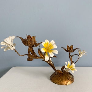 Vintage Italian Gilt Tole Flowers Double Candle Holder - Hollywood Regency Gold Floral Candelabra Centerpiece