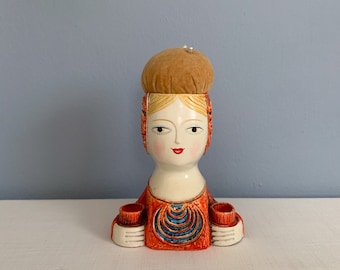 Vintage Gemma Taccogna Style Paper Mache Woman Bust Pin Cushion Lipstick Holder