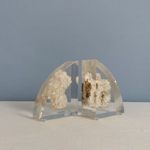 Vintage Mid Century Modern Lucite Bookends with Embedded Calcite image 1