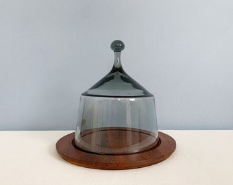 Vintage Benny Motzfeldt Style Smoked Glass Cheese Dome with Teak Tray