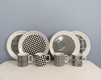 Four Vintage Royal Crown Black Beauty Cup and Saucer Sets - Op Art Black and White Snack Set