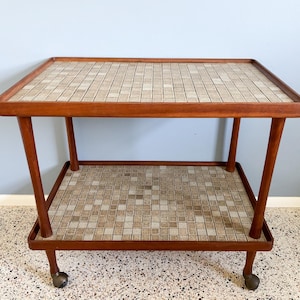 Vintage Jane and Gordon Martz Walnut Tile Rolling Serving Cart - Two Tier Bar Cart