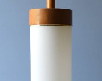 Vintage Danish Modern Tall White Glass Table Lamp with Brass and Wood Accents - Made in Sweden