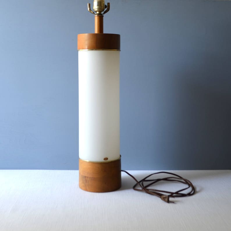 Vintage Tall White Glass Table Lamp With Brass and Wood Etsy