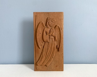 Vintage Angel Wood Carving Wall Panel - Modernist Wood Plaque