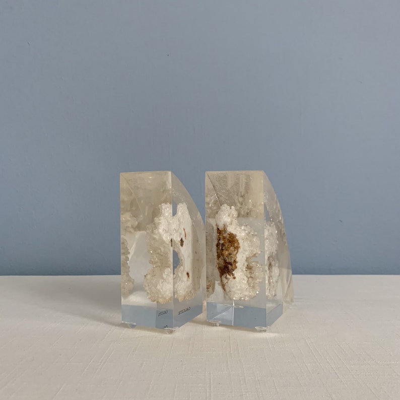 Vintage Mid Century Modern Lucite Bookends with Embedded Calcite image 4