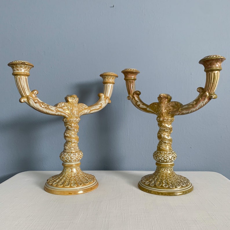 Early 20th Century Cantagalli Italy Lustre Majolica Faience Ceramic Candleholders image 1