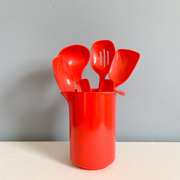 Vintage Danish Modern Red Melamine Rosti Pitcher and Serving Utensils