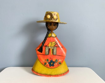 Large Vintage Sermel Tonala Papier Mache Woman with Bird Sculpture - Mexican Paper Mache Doll 16"