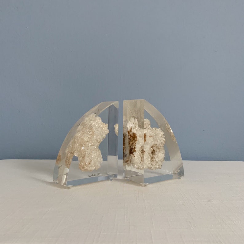 Vintage Mid Century Modern Lucite Bookends with Embedded Calcite image 1