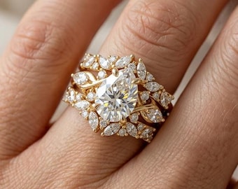 1.5ct Pear Moissanite Engagement Ring Set, 925 Sterling Silver 18K Gold Plated, Vintage Leaf Stackable Bridal Ring, Art Deco Wedding Set