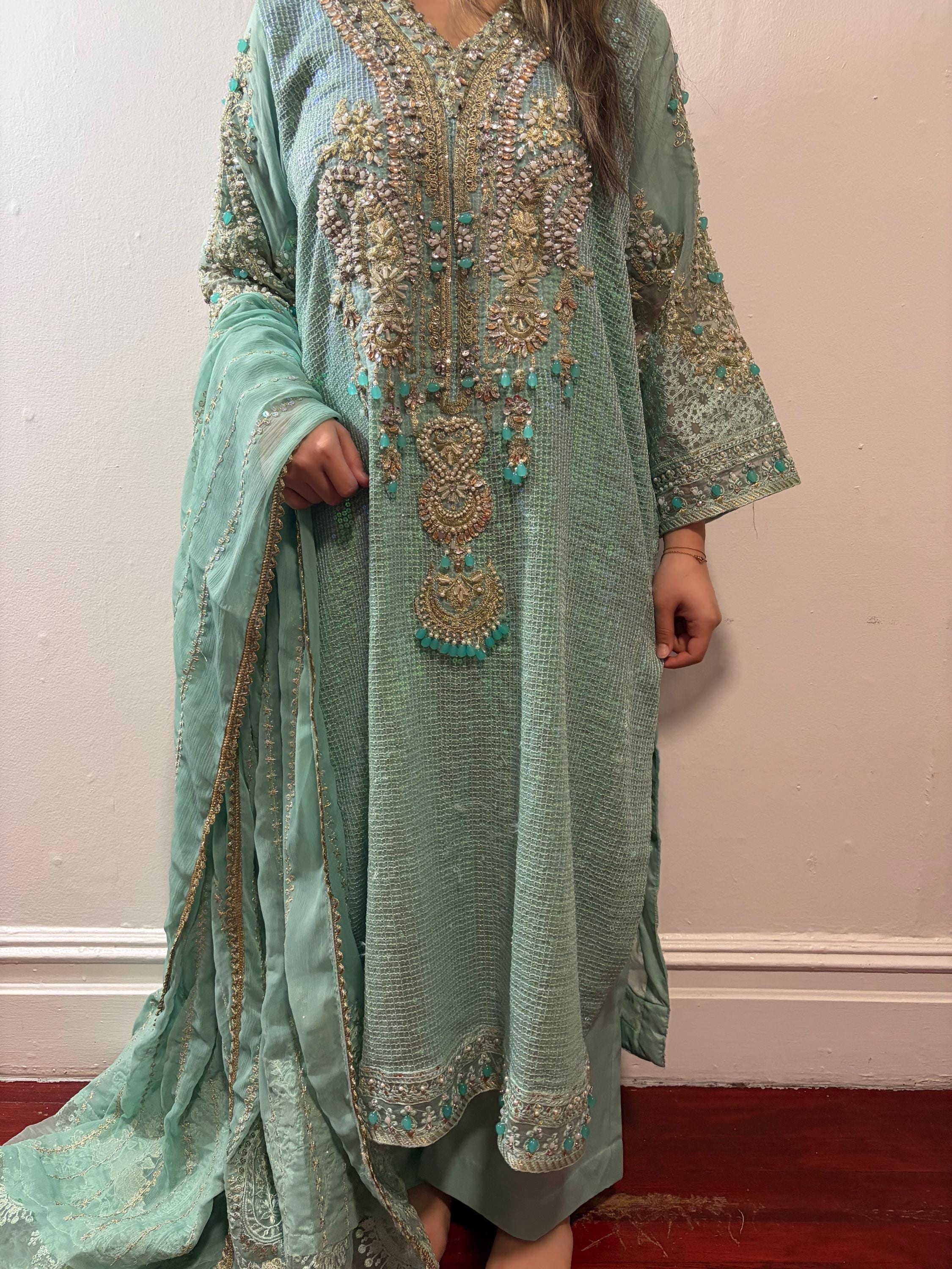 green emerald velvet dress Nude Stone Embroidered Saree Gown 6 / Custom main image 1