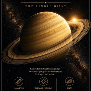 Può includere: Un poster educativo sullo spazio con Saturno, il gigante dagli anelli. L'immagine mostra Saturno con i suoi anelli prominenti, su uno sfondo stellato. Il testo fornisce dettagli sul diametro del pianeta (116.460 km), la distanza dal sole (1,4 miliardi di km) e la composizione degli anelli.