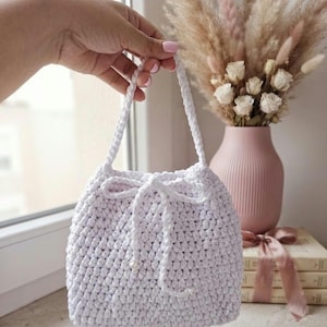Bridal Crochet Bag, Satin Ribbon Handbag, Handmade Drawstring Purse, Elegant Wedding Bag, White Crochet Purse, Gift for Bride