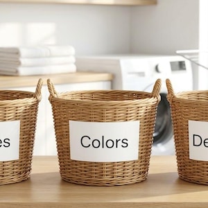 Op de afbeelding: Drie wasmanden van riet, met de labels "Whites", "Colors" en "Delicates". De manden zijn lichtbruin en hebben handvatten. De labels zijn wit met zwarte tekst. Op de achtergrond staan een wasmachine en wasbenodigdheden.