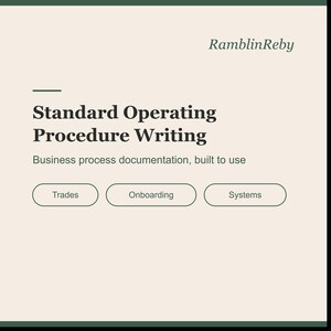 Könnte beinhalten: Eine hellbeige digitale Grafik mit dunkelgrünem Text, der RamblinReby, Standard Operating Procedure Writing, Business process documentation, built to use sowie drei ovale Schaltflächen mit den Beschriftungen Trades, Onboarding und Systems zeigt.