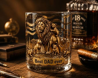 Personalized Lion Family Whiskey Glass – Custom Names on Cubs – Best Dad Ever Gift – Father's Day Luxury Barware, Masculine Scotch Glass