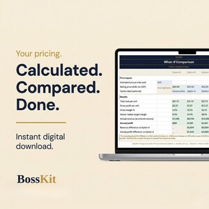 May include: A laptop screen displays a "What-If Comparison" table with financial data. Text on the screen includes "Price Inputs," "Results," and profit margins. The image also features the text "Calculated. Compared. Done."