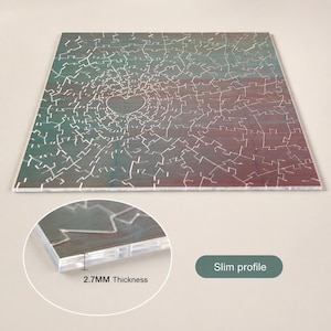 Könnte beinhalten: Ein quadratisches Puzzle mit einem Farbverlauf von Grün nach Rot und einer herzförmigen Kontur in der Mitte. Die Puzzleteile haben ein einzigartiges Steckmuster. Ein kreisförmiger Ausschnitt zeigt eine Seitenansicht mit 2,7 mm Dicke.