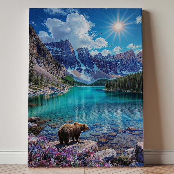 Glacier National Park Canvas Wall Art, Montana Mountain Lake Oil Painting, Wildlife Landscape Canvas Print, Nature Home Decor
