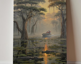 Everglades National Park Canvas Print, Florida Everglades Wall Art, Alligator Swamp Landscape Canvas, Vintage Oil Painting Style
