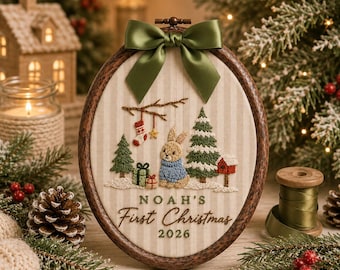 Personalized Bunny Oval Christmas Ornament, Embroidered Baby First Christmas Name Hoop, Baby 1st Christmas Gift, Baby Announcement Sign