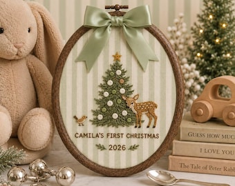 Personalized Woodland Deer Christmas Oval Ornament, Embroidered Baby First Christmas Name Hoop, Tree Hanging Decor, Baby Shower Gift