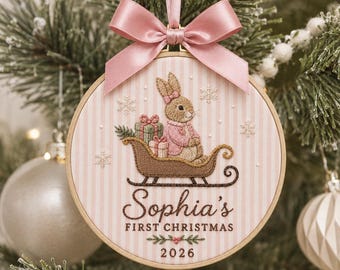 Personalized Sleigh Bunny Ornament, Embroidered Bunny Baby First Christmas Baby Name Hoop, Baby 1st Christmas Ornament, Baby Shower Gift