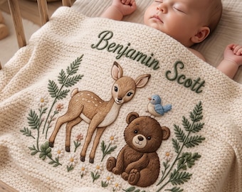 Personalized Knit Woodland Deer Baby Blanket Name, Custom Embroidered Bear Baby Shower Gift, Welcome Baby Blanket, Keepsake Newborn