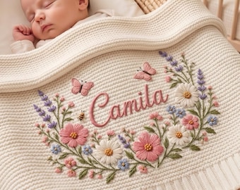 Manta de bebé de punto personalizada con diseño de flores silvestres, regalo personalizado para baby shower con mariposas bordadas, regalo para niña, manta de bienvenida para bebé.