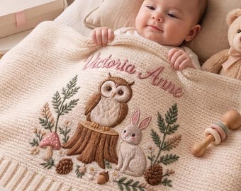 Personalized Knit Woodland Baby Blanket Name, Custom Embroidered Owl Bunny Baby Shower Gift, Welcome Baby Blanket, Keepsake Newborn